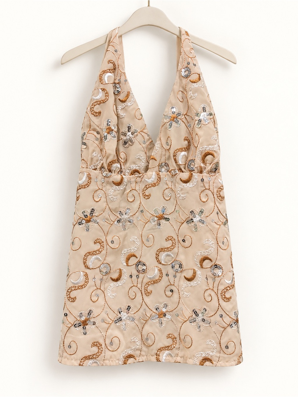 Beaded Halter Cocktail Top in Beige